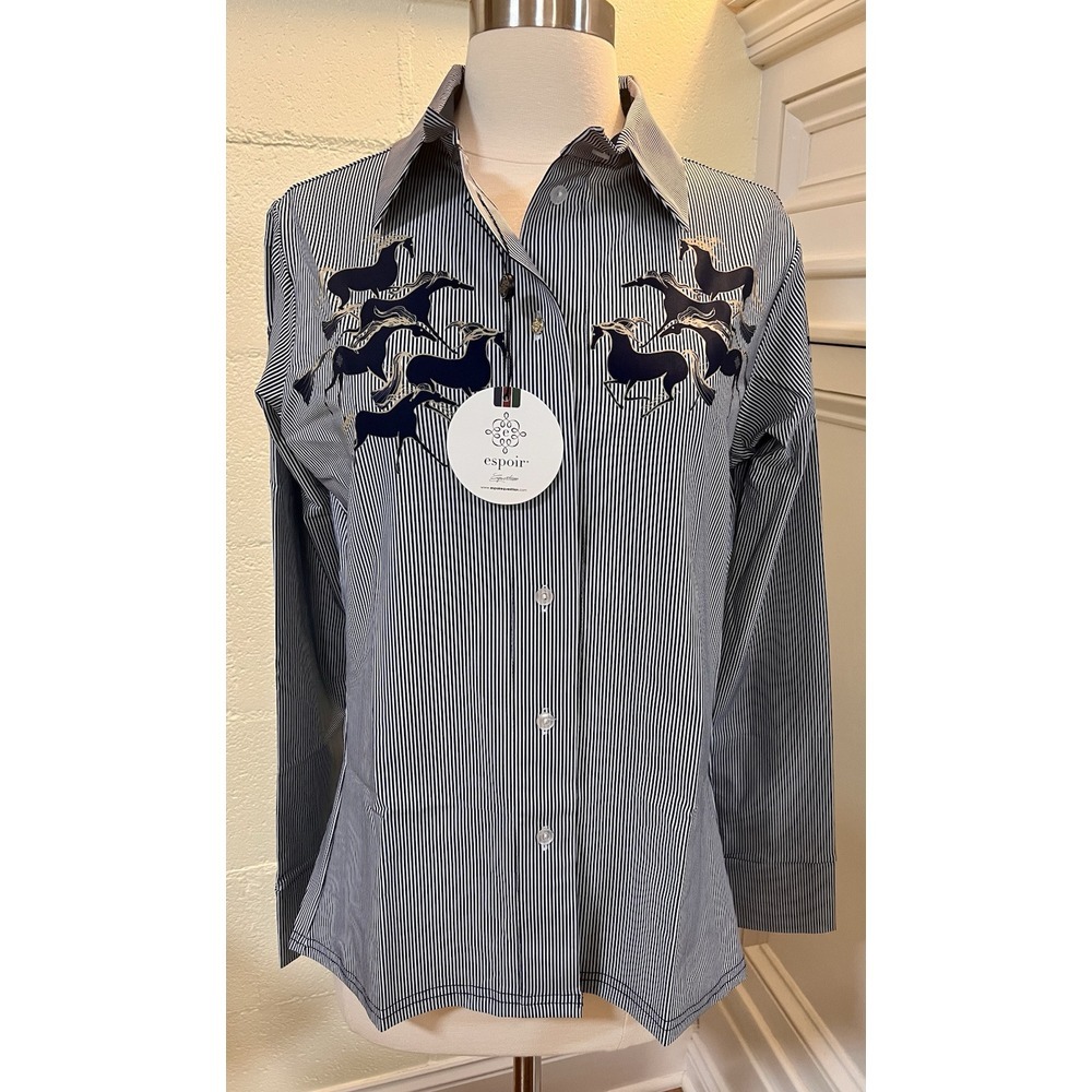 New With‎ Tags Espoir Running Horses Navy Ladies' Button Sun Shirt Size Medium - Picture 5 of 10